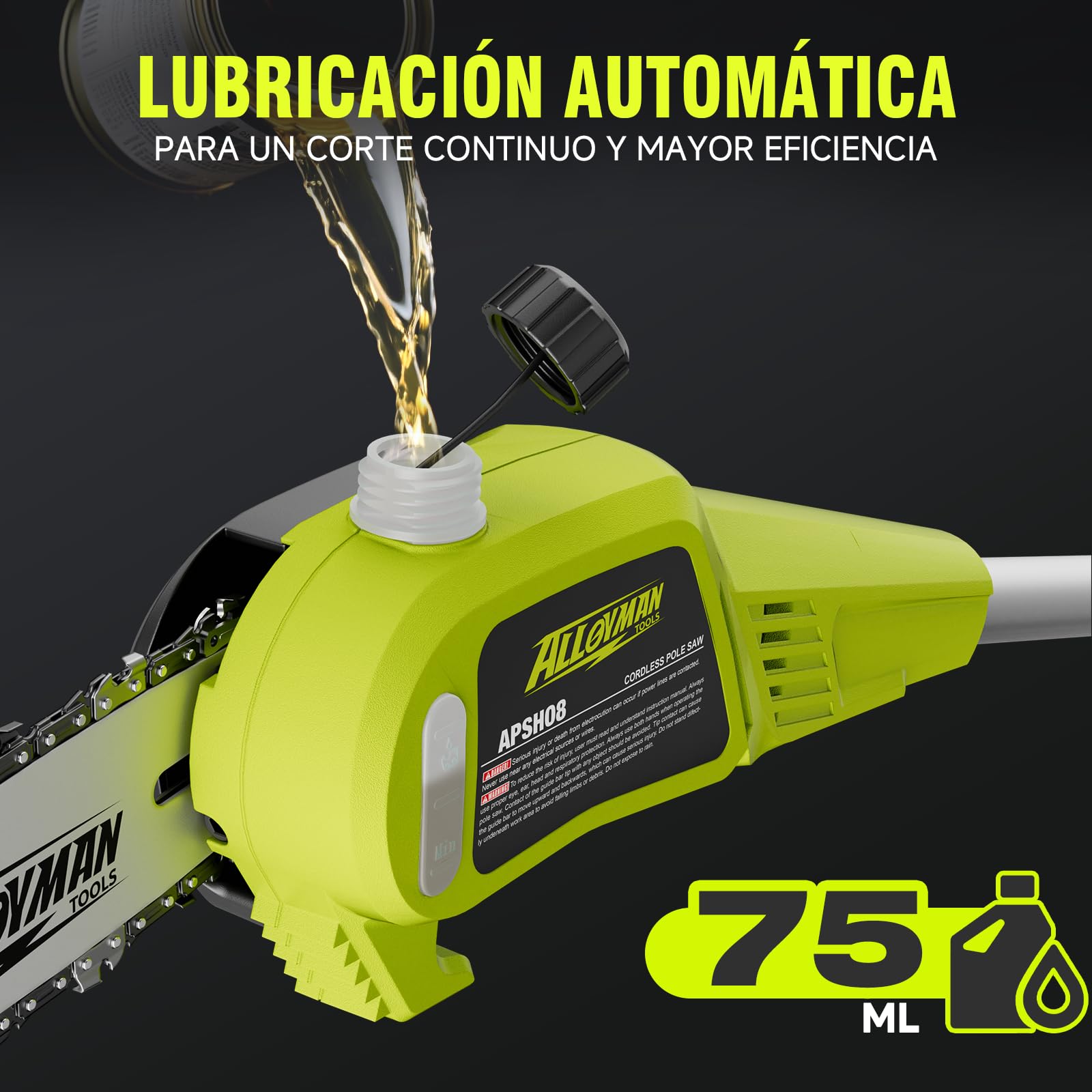 Alloyman Motosierra telescópica de poda a batería 20V MAX, Podadora telescópica a batería, 2 baterías 20V 4,0 Ah y cargador, espada de 20 cm, velocidad de cadena 5,5 m/s, 4KG, lubricación automática