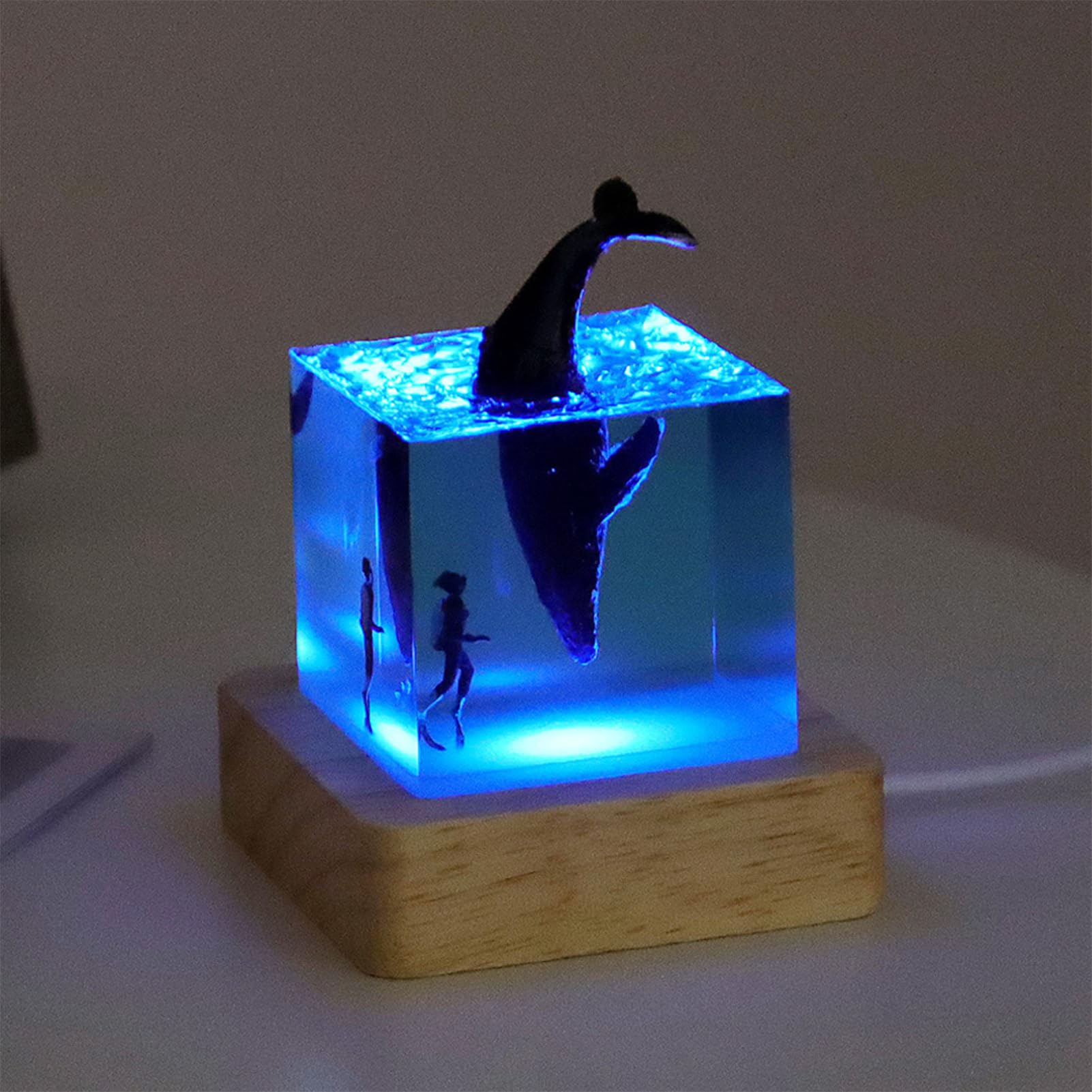 Tuzsocr 3D Epoxy Resin Lamp,LED Whale Night Light,Sea Diver and Shark Cube Lamp,Realistic Ocean Animals Sculpture,Whale Model with Woodern Base 70mm,Unique Style Gift for Ocean Lovers (Style 4 + Base)