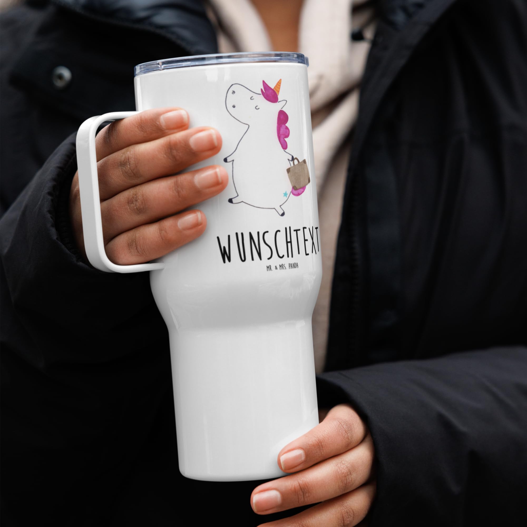 Mr. & Mrs. Panda Personalisierter XXL Thermobecher Einhorn Koffer - Personalisierte Geschenke, PersonalisierteXL Reisetasse, Erwachsen, Reisebecher, Unicorn, XL, Einhörner, Gepäck