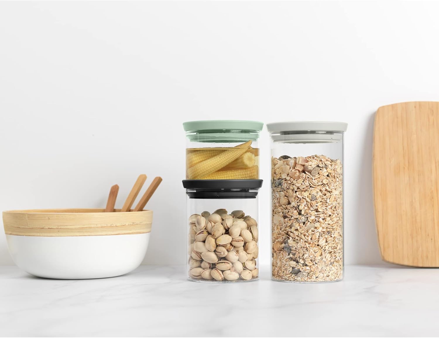 Brabantia 3pc Stackable Glass Food Jars (Mixed Colors) 0.08 + 0.16 + 0.3 Gal Heat-Safe, Dishwasher-Safe, Air-Tight Pantry Organizers