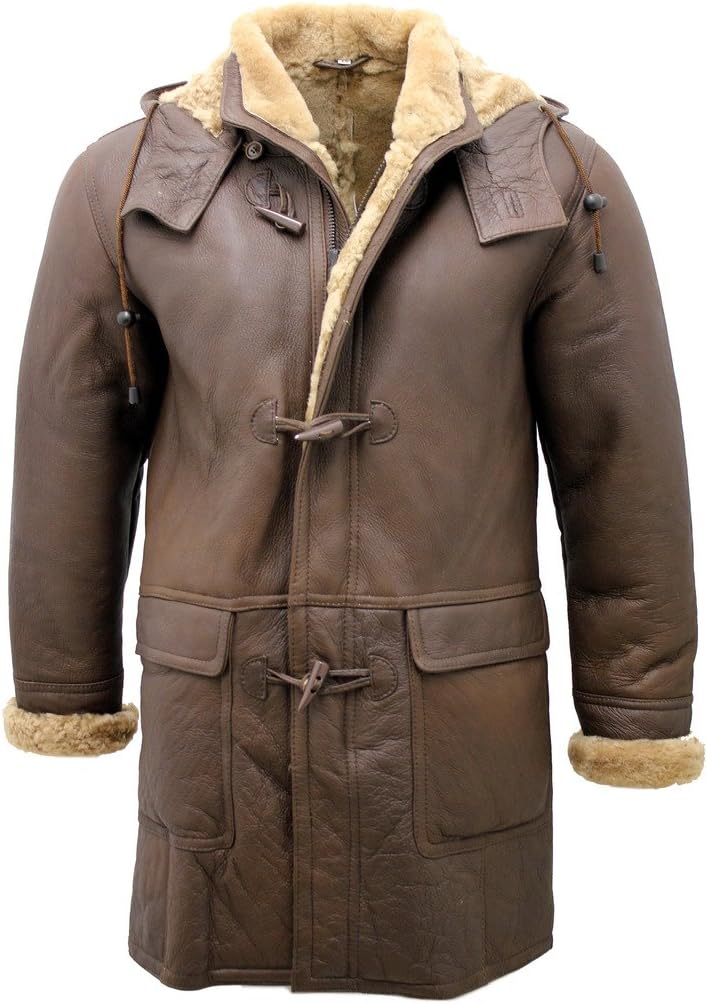 Infinity Men's Brown Sheepskin Leather Detachable Hood Duffle Coat XL