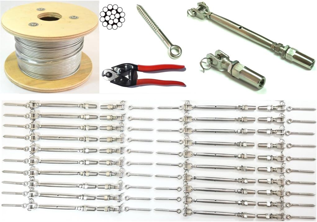 1/8 Cable Railing Kit 36".Stainless Steel 316 Cable 1/8 1*19 250 ft,Tensioner Quick Installation Stainless Steel 316 20-Pack,Welded Fork Swageless 20-Pack,Eye Terminal With Wood Screw 40-Pack 1 Cutter
