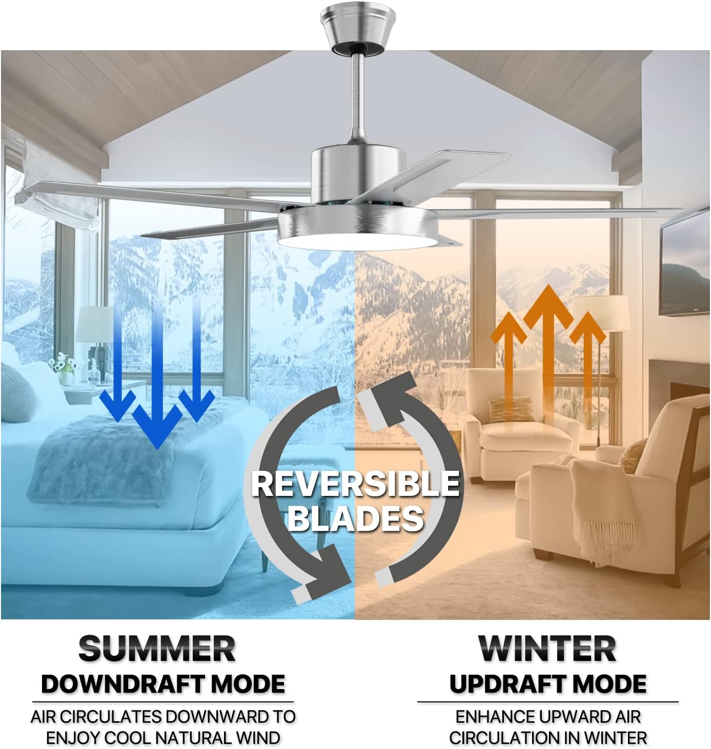 mollie 52" Ceiling Fan with Light and Remote, Rustic Dimmable LED Ceiling Fan w/Reversible Motor, 5 Industrial Stainless Steel Blades, 6 Adjustable Speeds for Bedroom, Living Room & Patio, Silver