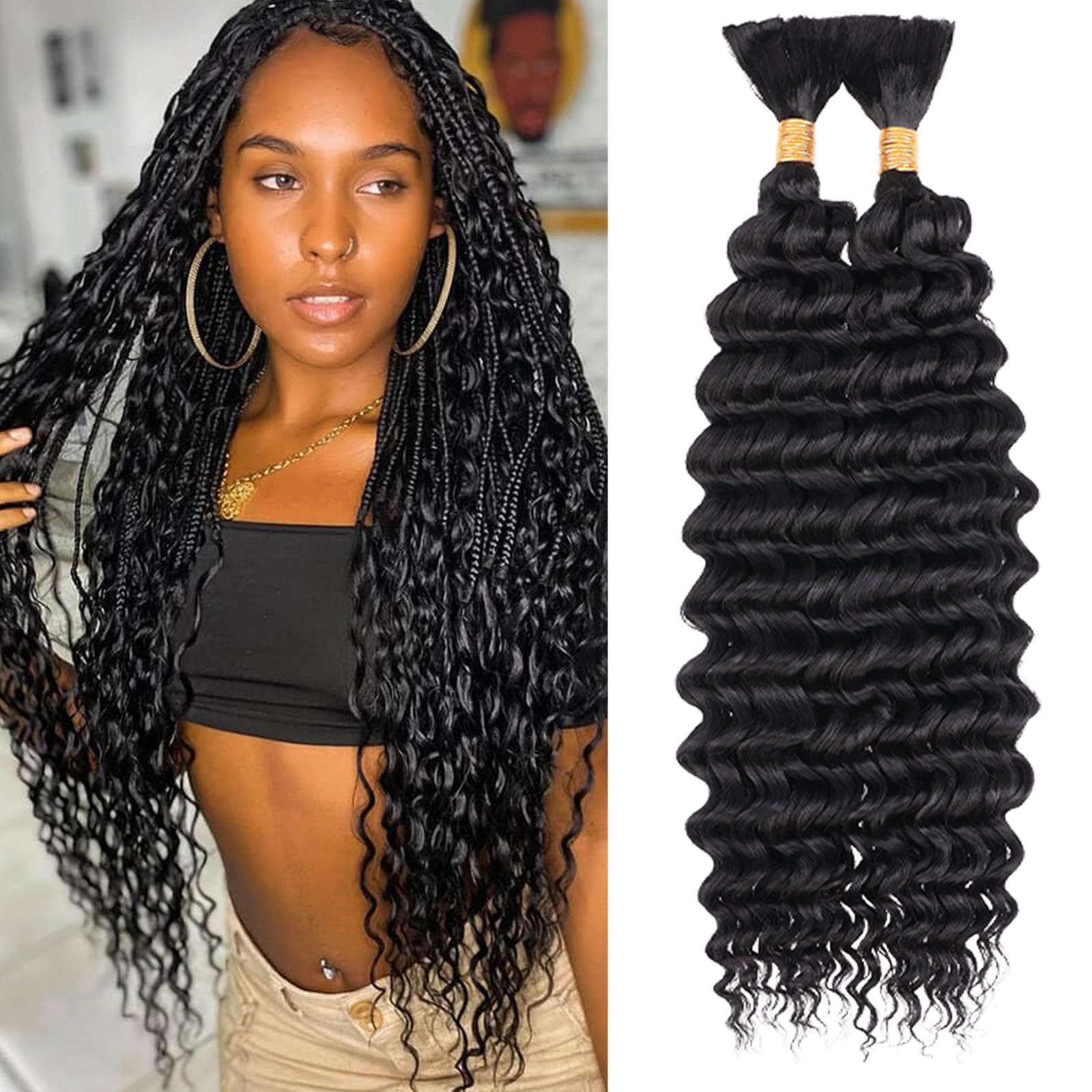 Samtress 18 Inch Braiding Hair for Boho Braids 2 Bundles Natural Black Deep Wave Bulk Synthetic Hair No Weft Long Wet and Wavy Hair Bundle for Women (#Black)