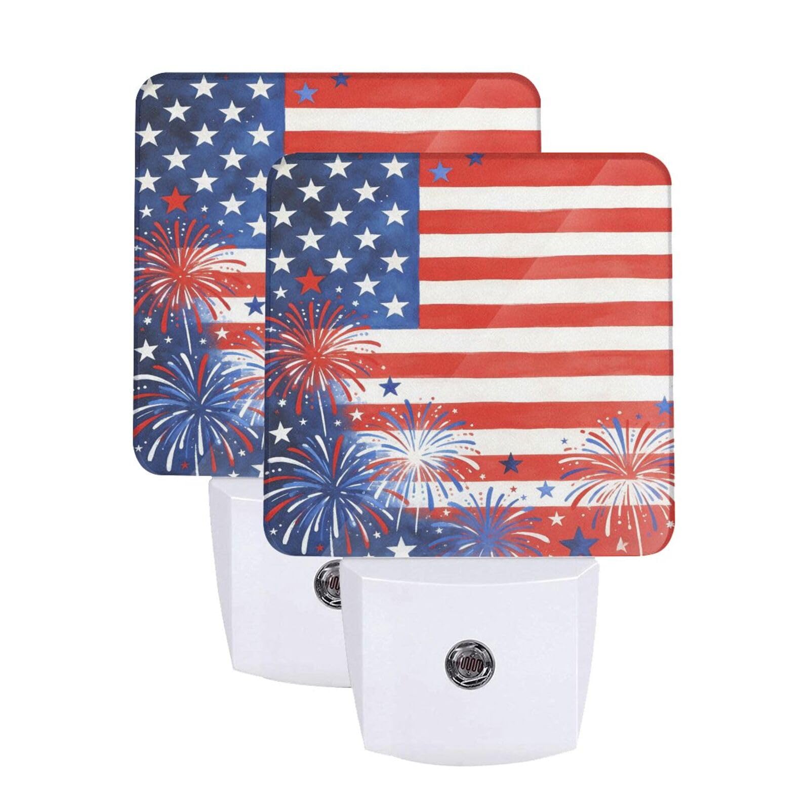 Fireworks Night Light Set of 2, Patriotic USA Auto Sensor LED Dusk-to-Dawn Nightlights, Plug-in Sensor Lamp for Bedroom Bathroom Kitchen Hallway Stairs Decorative