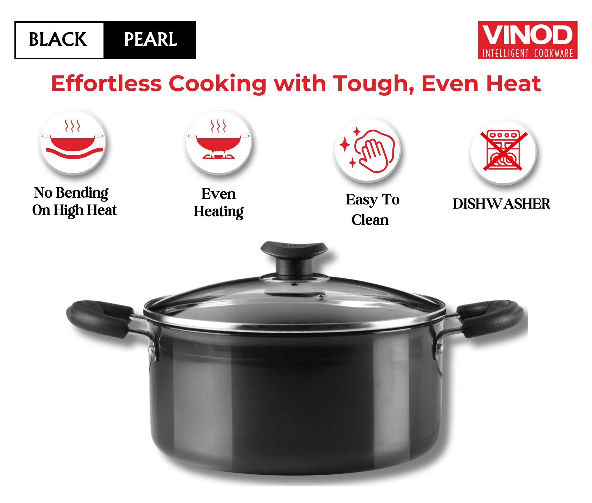 Vinod Black Pearl Hard Anodised Saucepot with Glass Lid 5 Litre, 24cm | 3.25mm Thick | Metal Spoon Friendly | Riveted Sturdy Handles | Toxin Free | 2 Year Warranty - Black - Image 4 thumbnail