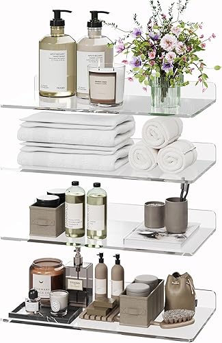 4 estantes flotantes gruesos de acrílico transparente sobre el inodoro, estantes flotantes gruesos de 16 x 8 pulgadas para pared, decoración de baño