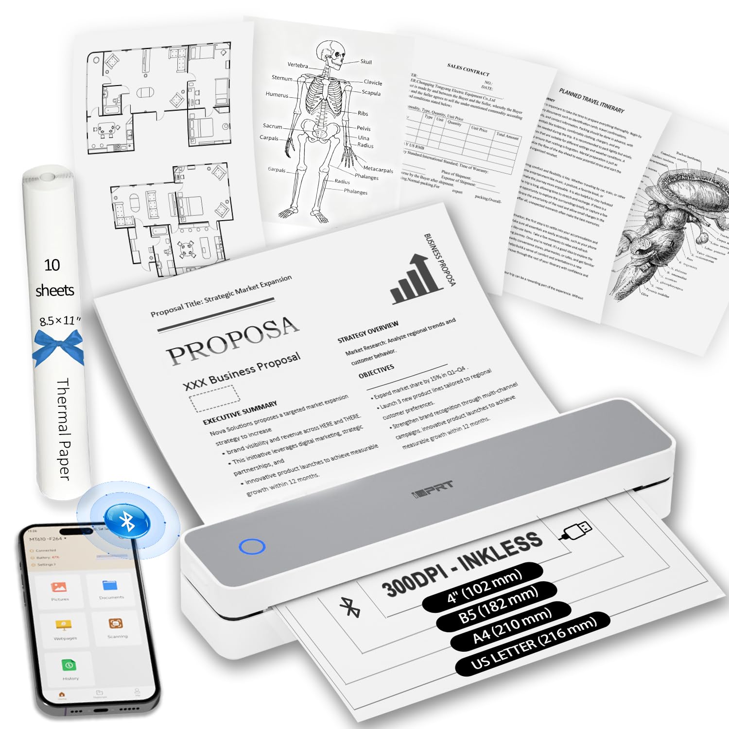 Inkless Portable Printer for Travel, 300DPI Wireless Thermal Printer Support 8.5" x 11" US Letter, A4, MT610Pro Small Bluetooth Printers Compatible with iOS, Android Laptop for Home Office Car, Grey