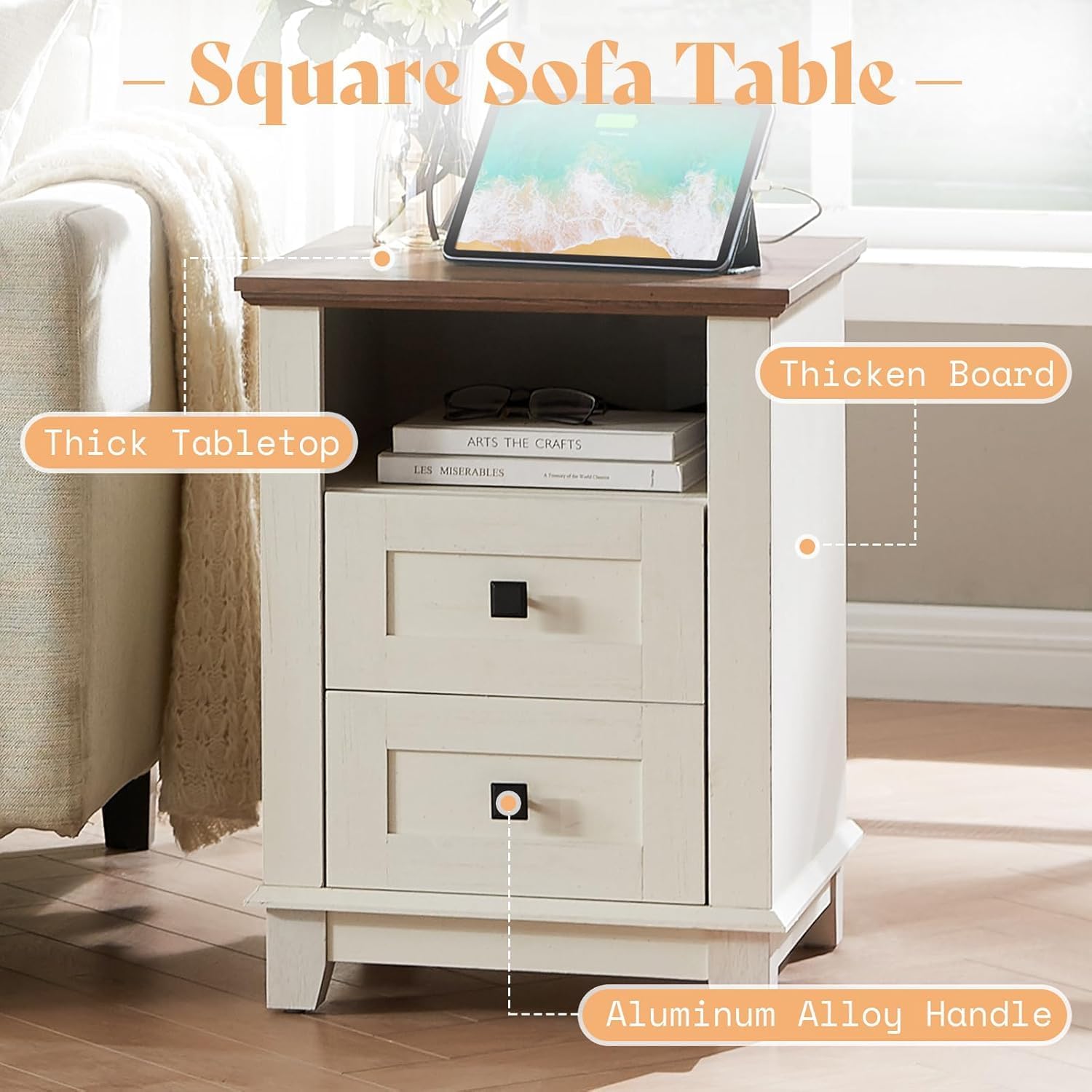 AMERLIFE 4-Piece Farmhouse Living Room Table Set, Includes Sliding Barn Door TV Stand, Coffee Table & Two End Tables with Charging Station, for Living Room, Bedroom, Rustic White