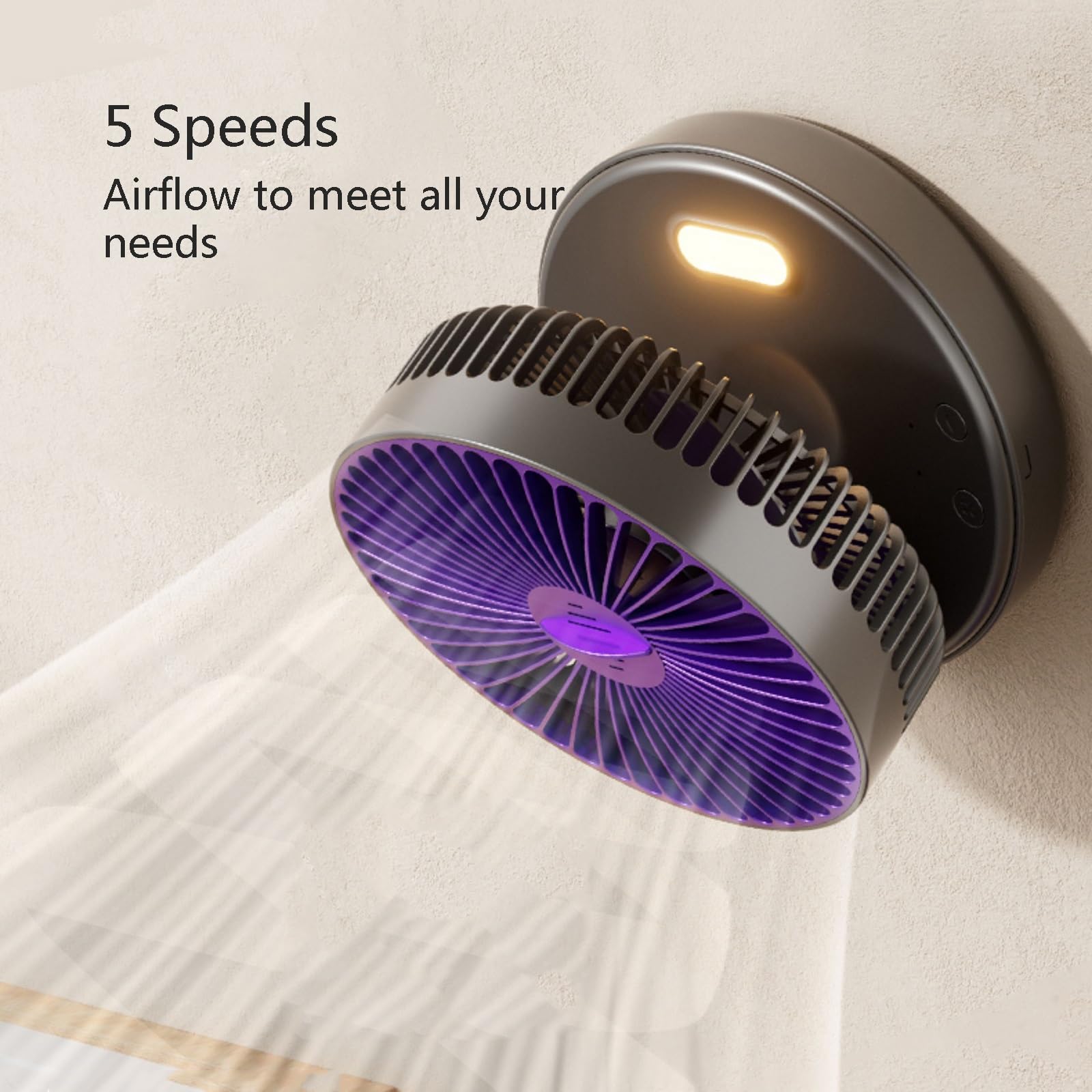 Piccolo ventilatore portatile ricaricabile con luce notturna, circolazione d'aria ultra silenziosa a 5 velocità, forte flusso d'aria per casa e ufficio, ventilatore da tavolo personale pieghevole