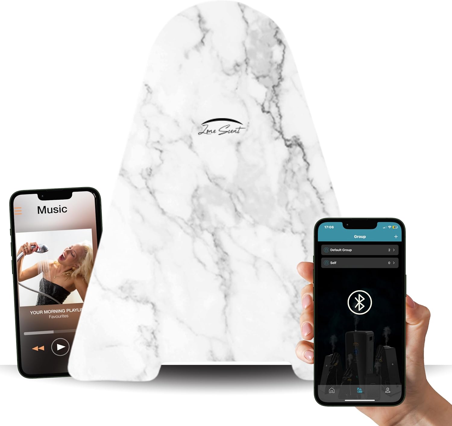 ZS2000B Marble White Waterless Essential Oil Diffuser – App Control Scent Air Machine with Bluetooth Speakers & Security Lock – Cold Air Tech, Covers 2,000 Sq. Ft – Home & Commercial Use