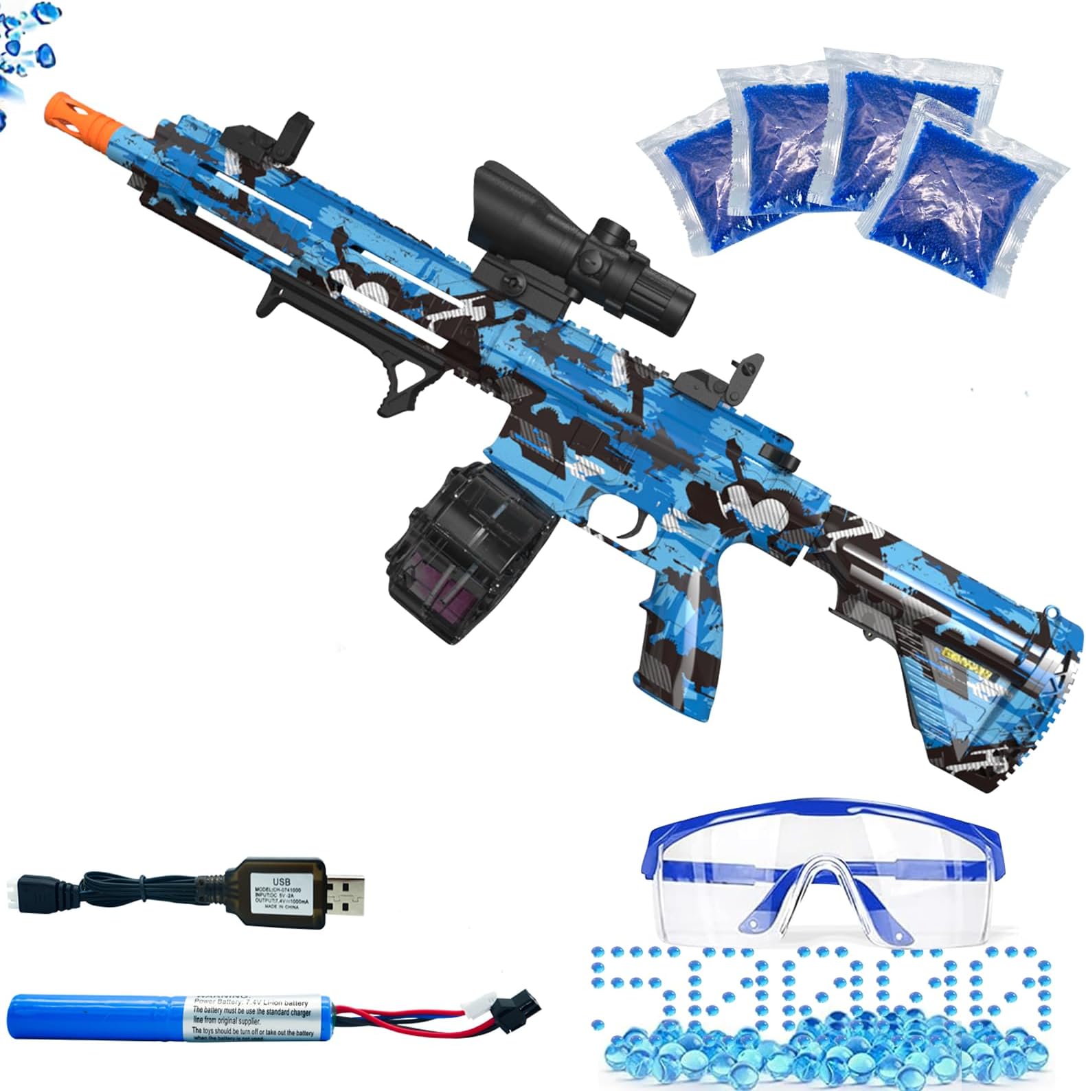 Electric Gel Ball Blaster, High Speed Automatic Splatter Ball Blaster with 40000+ and Goggles, Rechargeable Splatter Ball Toys for Outdoor Activities Shooting Game-Blue