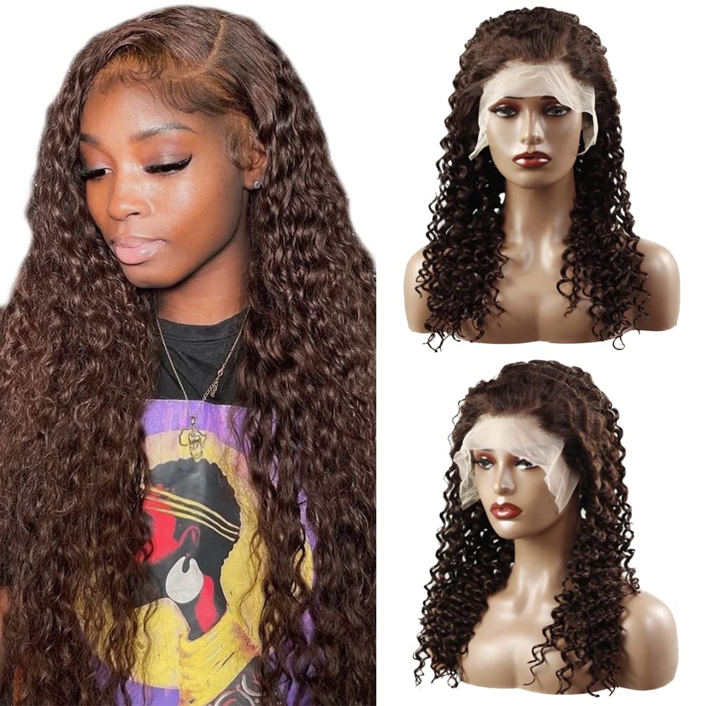 Lakaisa 32 Inch #4 Chocolate Brown Human Hair Wig Deep Wave Human Hair 13X4 Transparent Lace Front Wigs 150% Density Glueless Pre Plucked Natural Hairline for Women