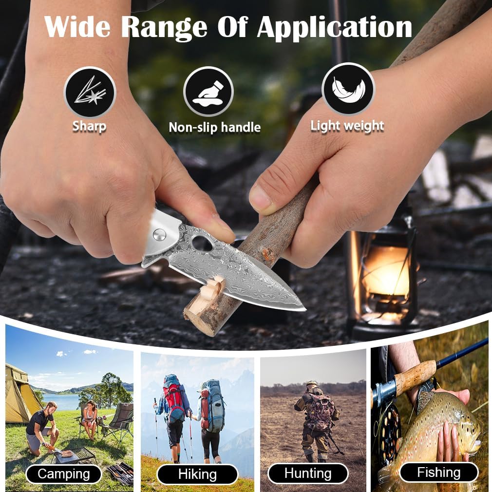 Cottonbell Damascus Pocket Knife Unique Rainbow Abalone Shell Handle Damascus Folding Knife, with Sharp VG10 Core Damascus Steel Knife for Outdoor Camping Fishing Hiking Hunting Gift