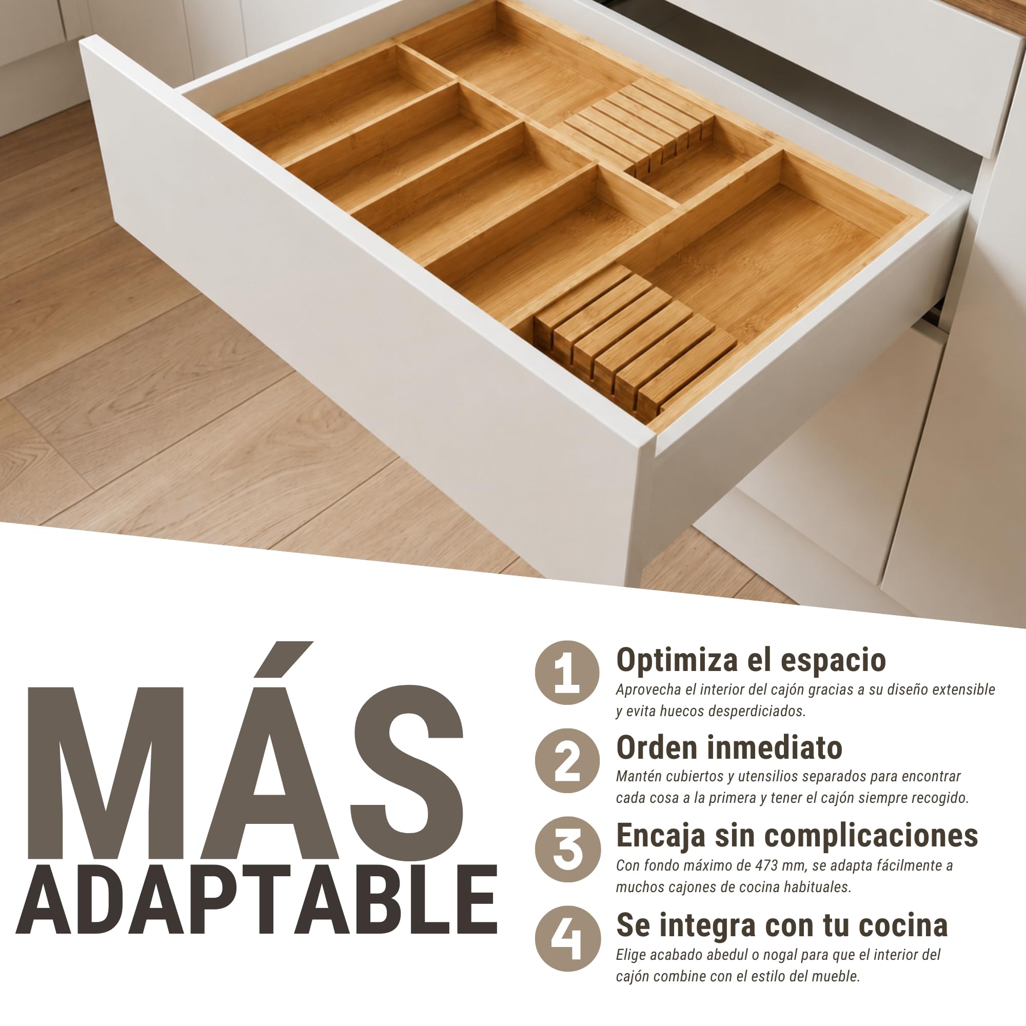 ALK Cubertero extensible válido como organizador cocina para cajones almacenaje, cubertero cajon o bandeja bambu, organizador cubiertos para cajon, organizador escritorio cajones (Cajones 52-83 cm)