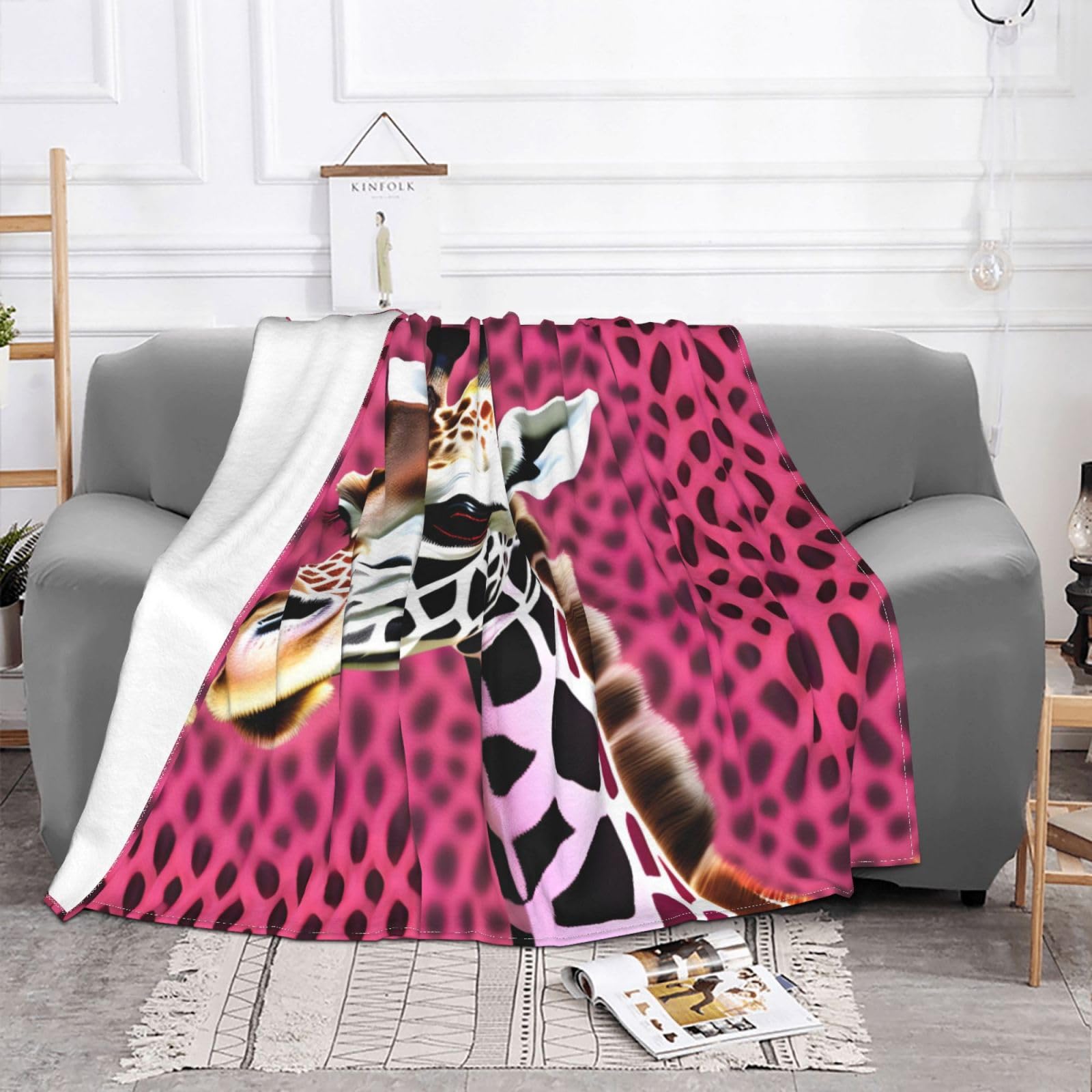 Coperta morbida e soffice con stampa con motivo giraffa rosa, flanella di lusso leggera, simpatica coperta stampata