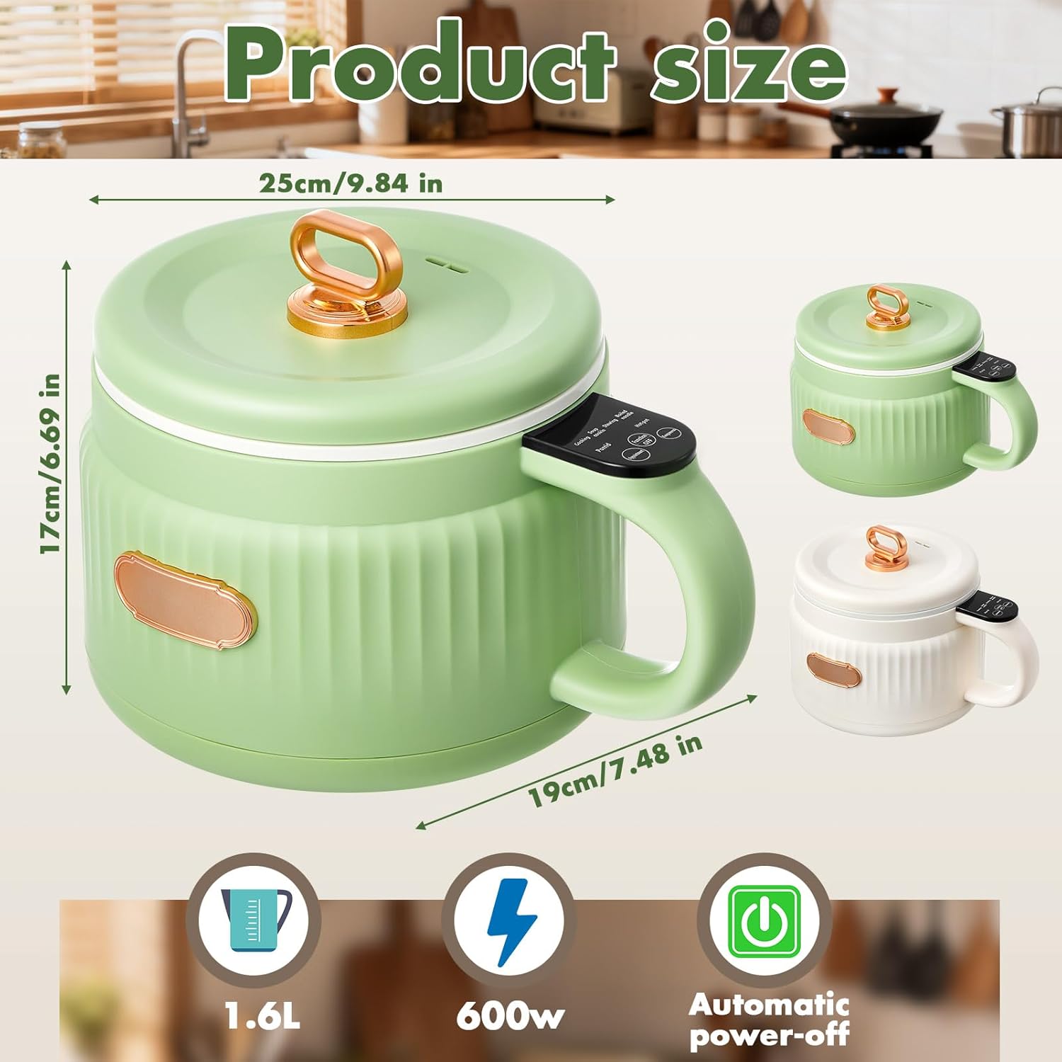2 Pcs 1.6 L Electric Ramen rice Cooker Hot Pot electric Noodle Cooker, Boil Dry Protection, Non-stick Ceramic Coating Multi-functional Lazy Pot 6 Cook Functions: Rice, Soup & More (Green & Yellow)
