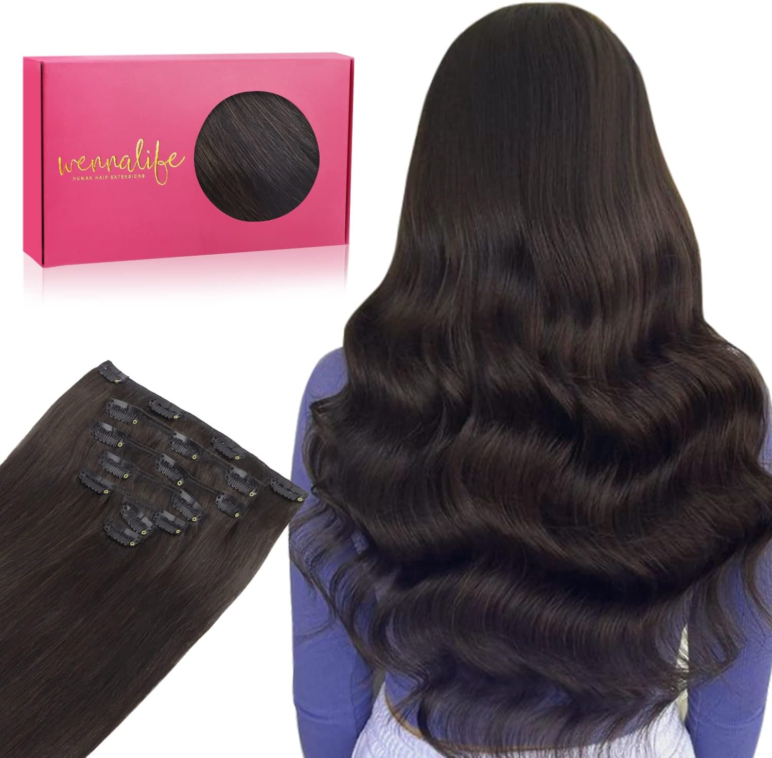 WennalifeClip in Hair Extensions, 70g 18 Inch Dark Brown Hair Extensions Real Human Hair Short Remy Clip in Hair Extensions Virgin Human Hair Double Weft for Women