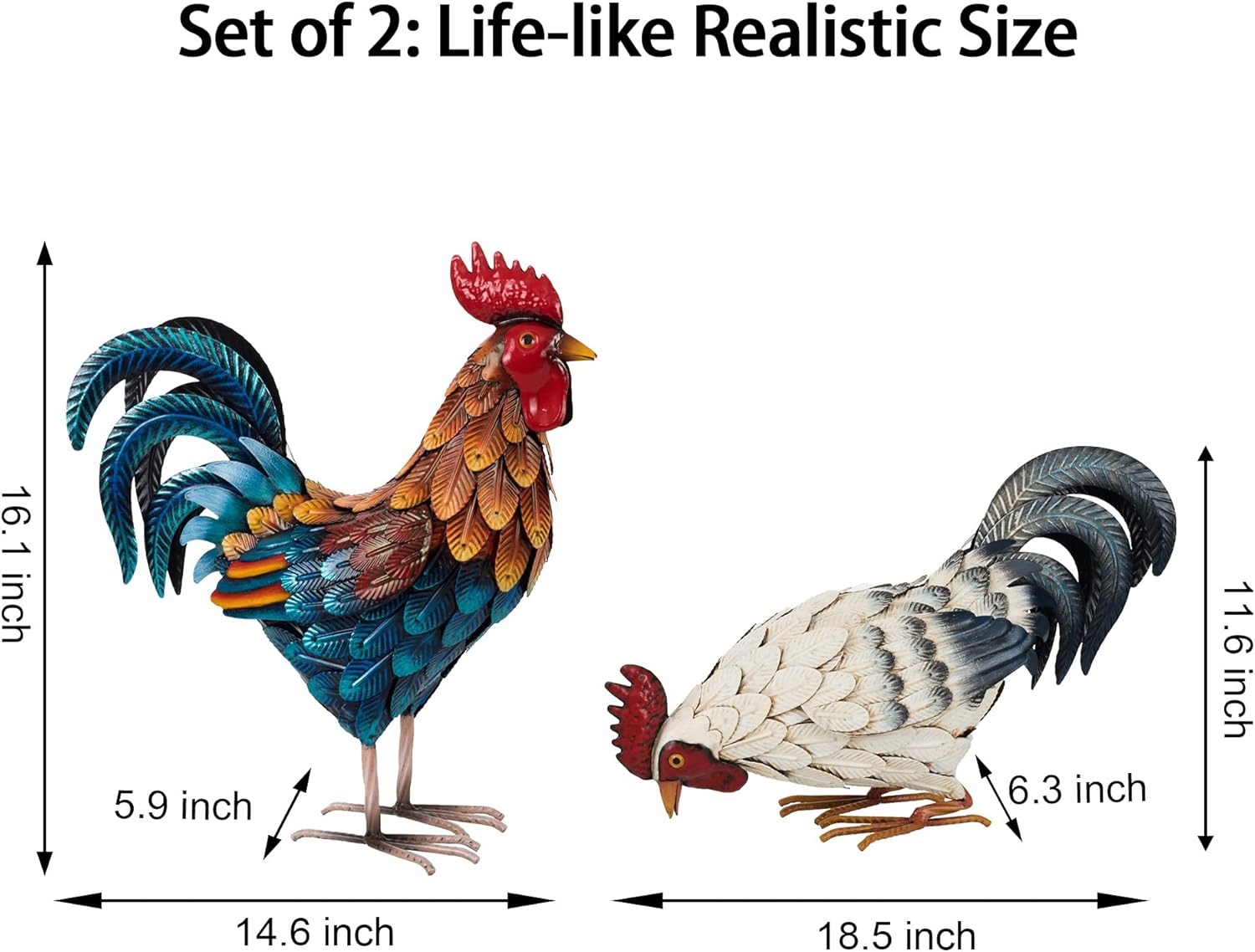 Metal Rooster Statues, Outdoor Garden Statues, Metal Chicken Decor, Garden Sculptures & Statues, Chicken Ornaments Yard Art for Backyard Patio Lawn Decorations, Set of 2 : Patio, Lawn & Garden