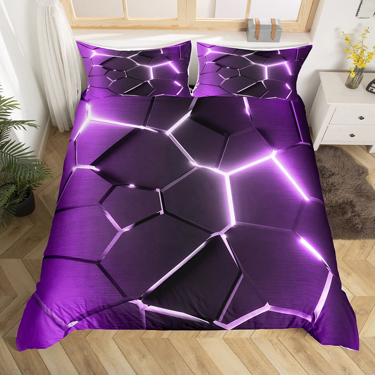 Homemissing Boys Multicolored 13211 Honeycomb Bedding Set Hexagonal Ombre Purple Comforter Cover For Kids Girls Geometrical Duvet Cover Breathable Beehive Vintage Modern Geometric Bedspread Cover Double 3Pcs