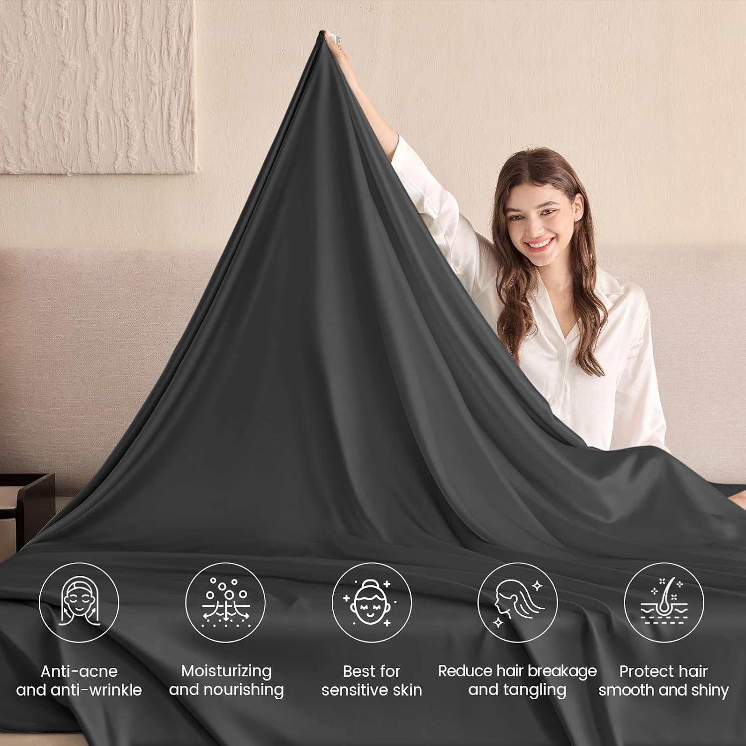 THXSILK Silk Flat Sheet 6A+ Top 100% Pure Mulberry Silk Bed Sheet Luxury Ultra Soft Breathable Cooling Lightweight Bedding Durable Safe Material, 1 Flat Sheet Only (Black, Full)