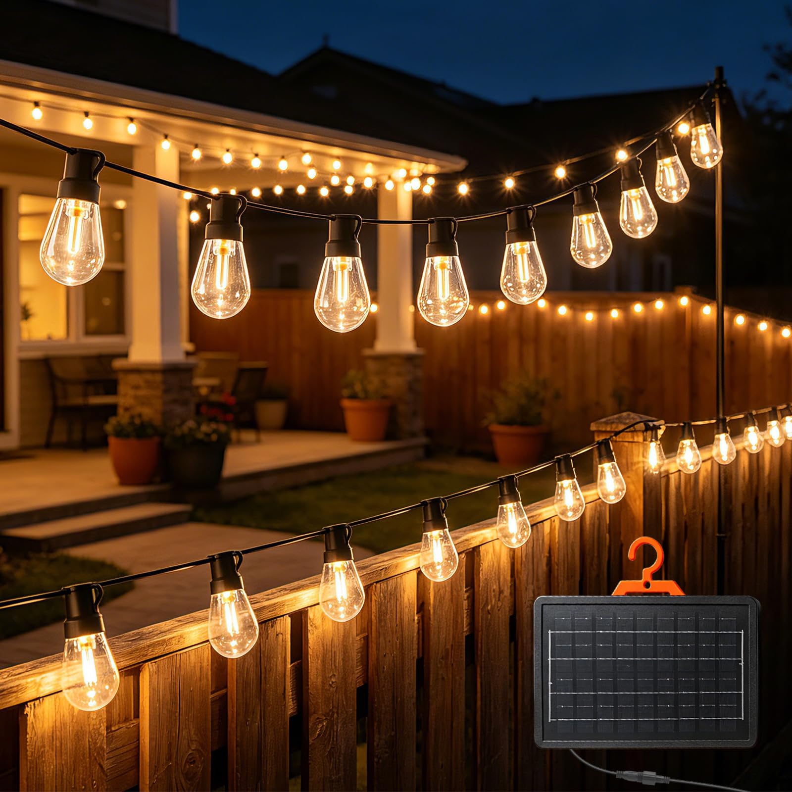 24V 7200mAH Lámpara solar LED de bombilla para exteriores [37 LEDs/45M, blanco cálido], luz de jardín impermeable IP67, 8 modos, bombilla de PC irrompible con gancho en S