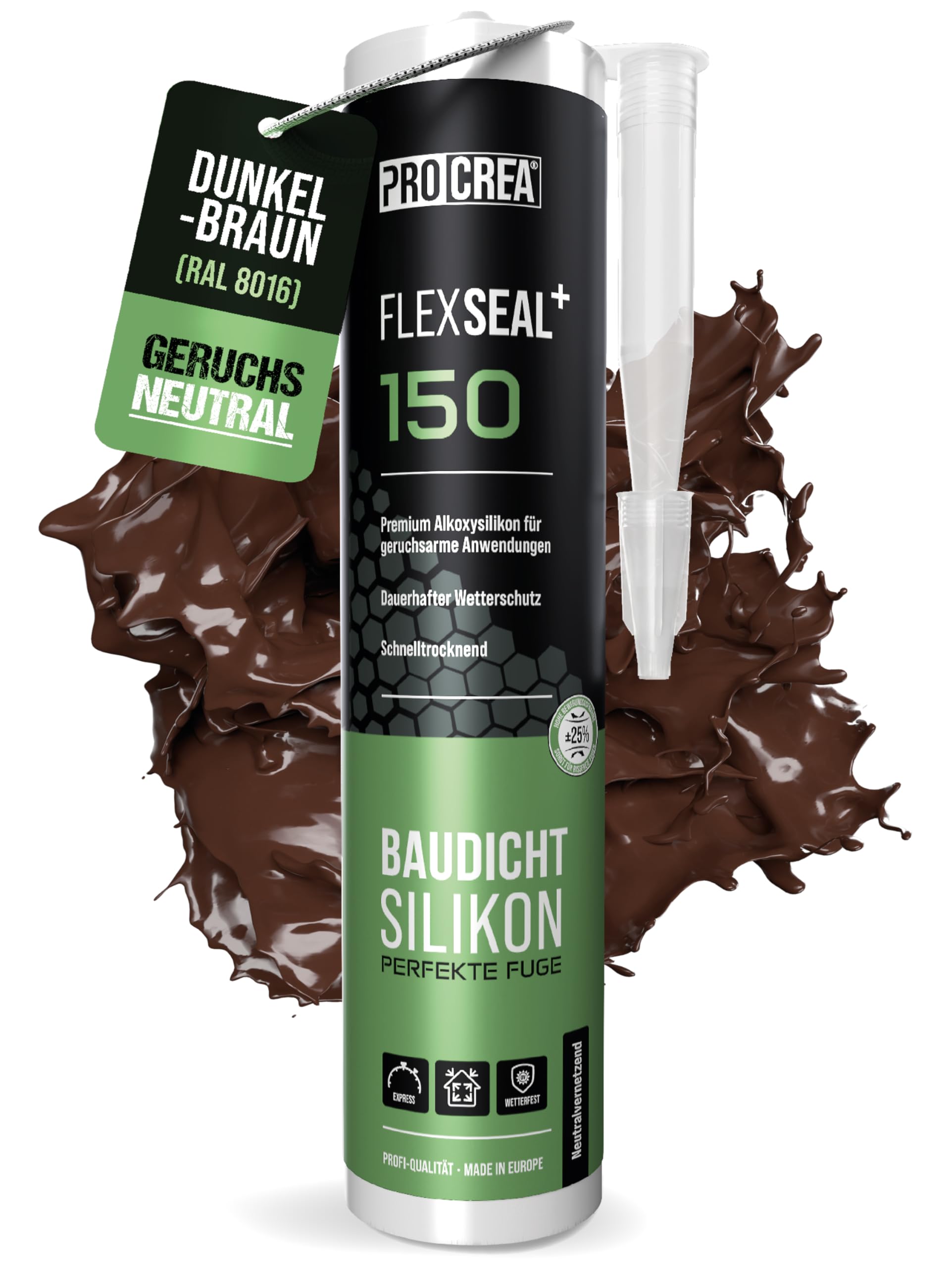PROCREA® Premium Silikon "Flexseal+ 150" (dunkelbraun) [neutralvernetzend] Hochwertiges Bausilikon zum abdichten im Innen- & Außenbereich - Allwetter Alkoxy-Silicon in RAL 8016 - Profi-Qualität