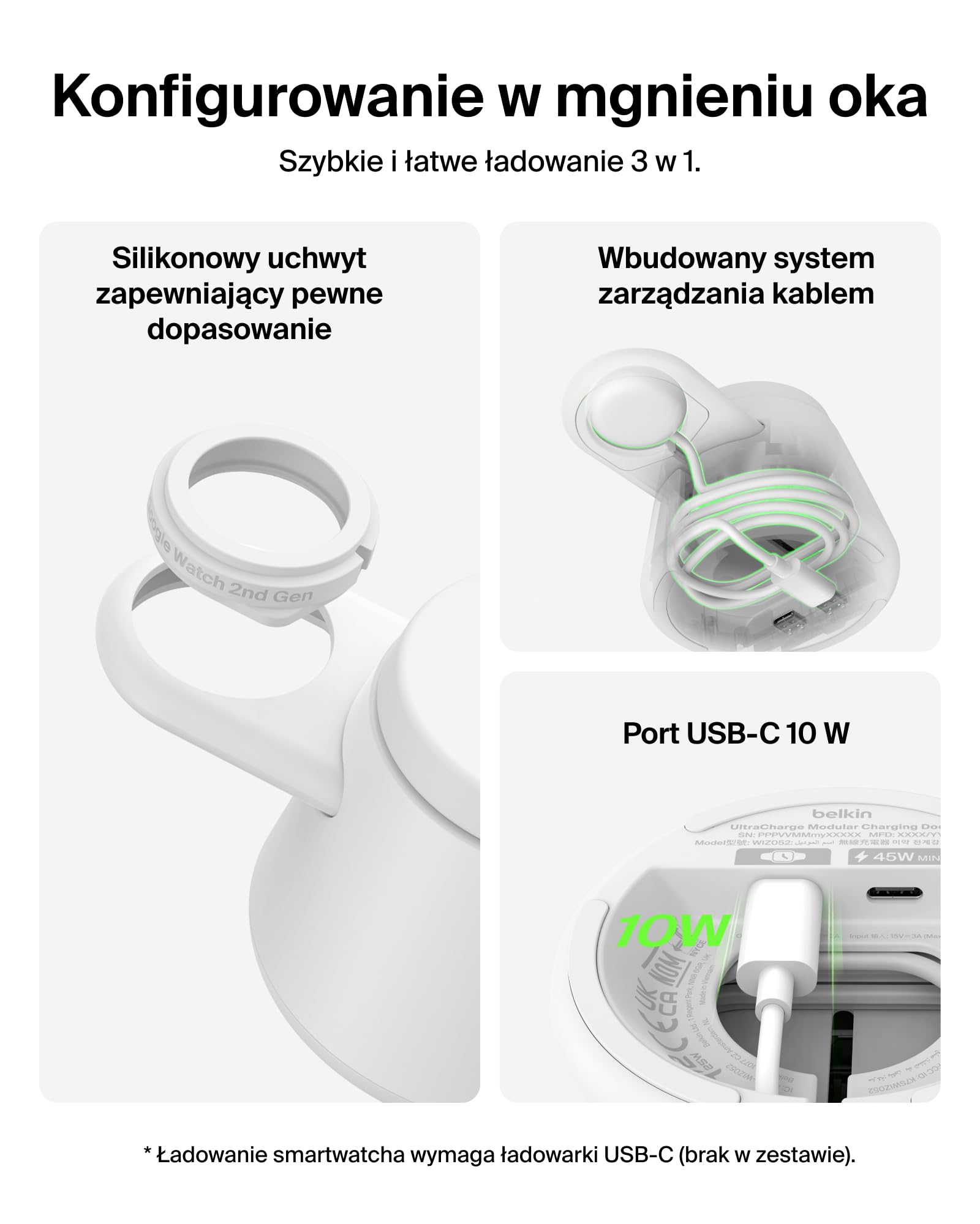 Belkin UltraCharge Bezprzewodowa Stacja Ładująca 3 w 1 z Qi2, 25 W – Biała | Ładowarka Magnetyczna do Urządzeń iPhone, Galaxy, Słuchawek i Smartwatchy, Certyfikat Qi2.2, Port USB-C, z Zasilaczem 45 W