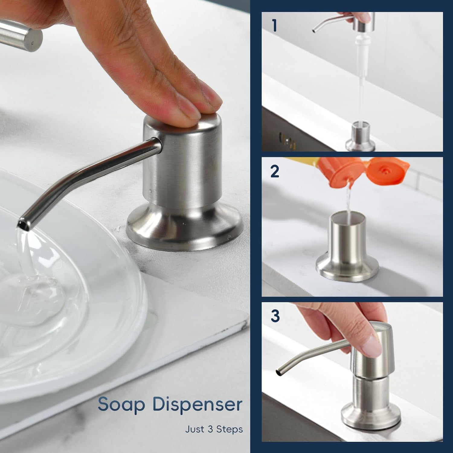 Waterfall 4 Hole Kitchen Faucet with Soap Dispenser, Two-Handle 3 Modes Multifunctional Waterfall Faucet with Sprayer Stainless Steel Pull Down Kitchen Sink Faucets (Brushed Nickel)