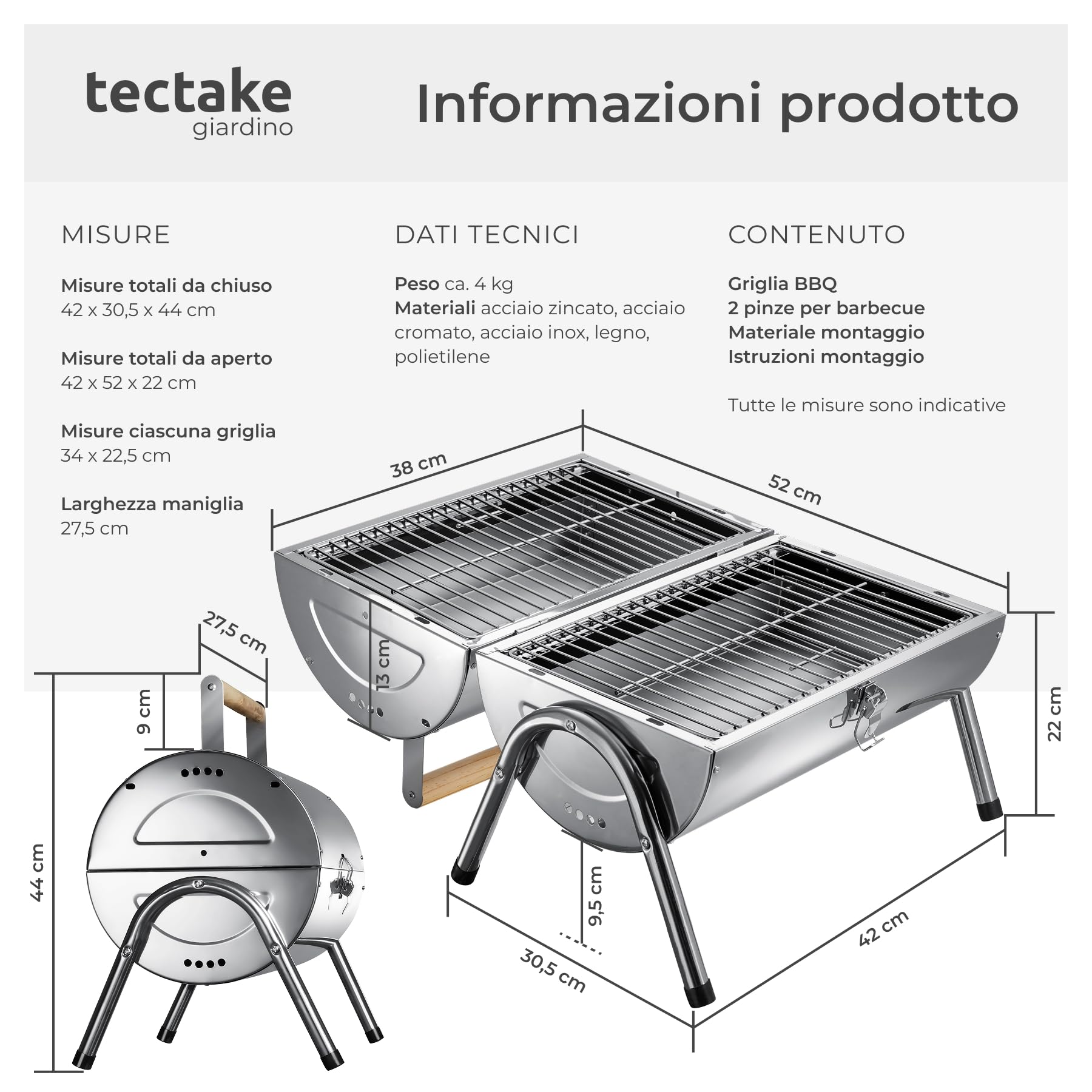 tectake®, Barbecue Portatile 2 in 1 in Acciaio Inox, Barbecue Carbonella Pieghevole da Tavolo, Griglia doppia con 2 vasche carbone, BBQ da Campeggio, per Giardino, Balcone e Picnic, 2 Pinze