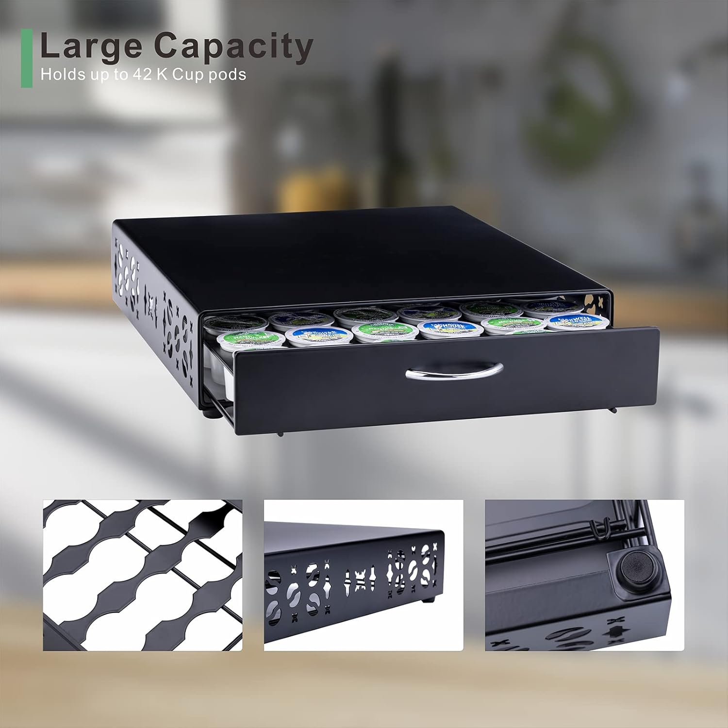 Rice rat K Cup Pod Holde iron Top Drawer,Coffee Pod Holder Capsule Display Storage compatibility 42 k cup (Black)