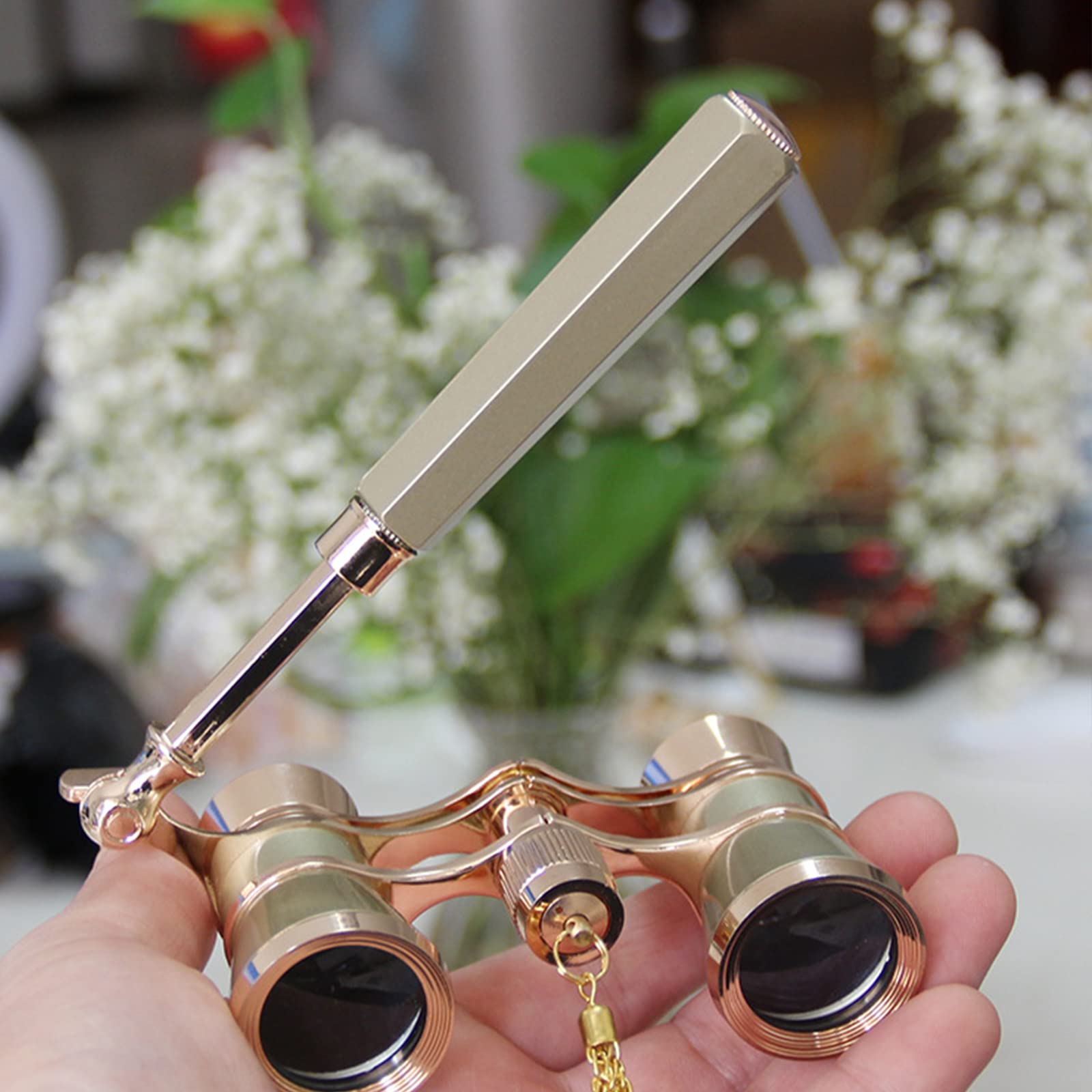 XAGMODSHN Lorgnette Theaterbrille aus Metall, 3 x 25 cm, mit Kette, für Erwachsene und Kinder im Konzerttheater, Rot/Gold/Schwarz/Weiß