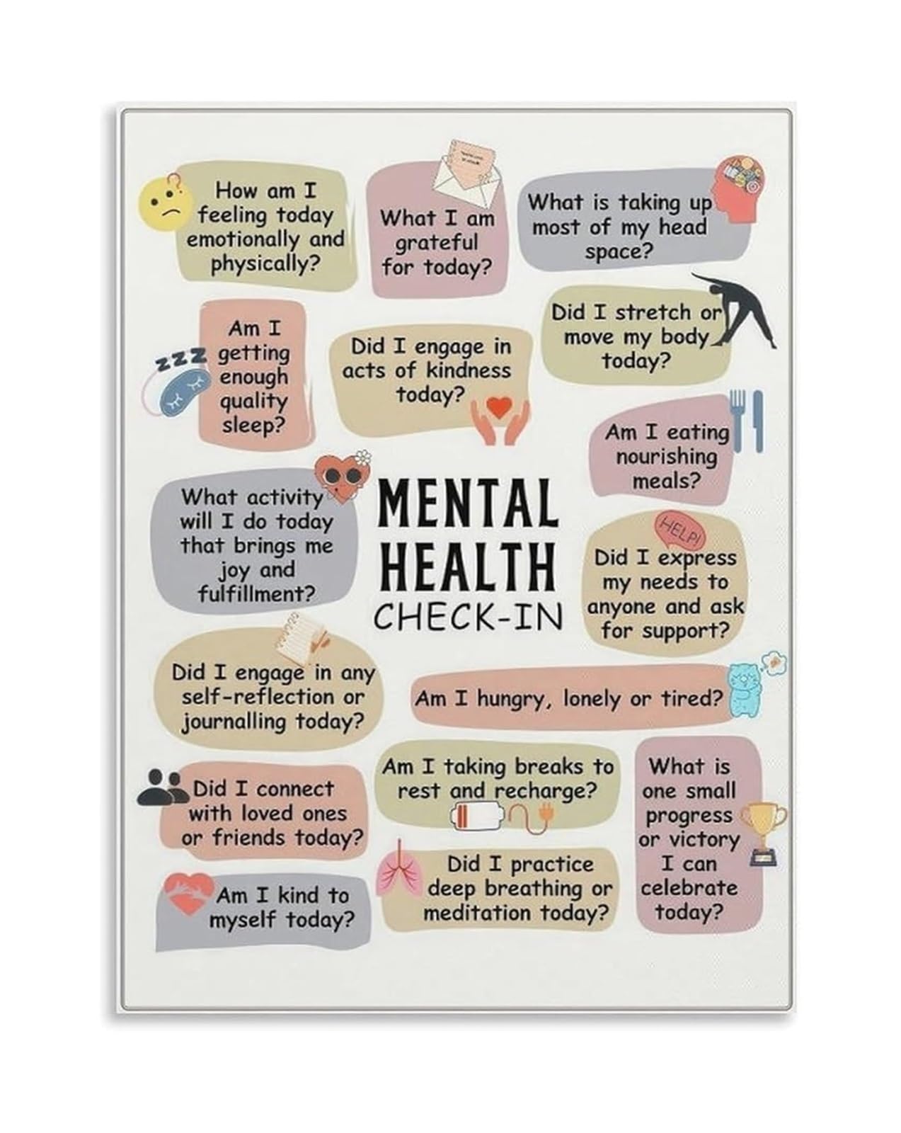 RNUMLIGH Reflection Questions Poster - Mental Health Self-Care Check-In Canvas Art for Home and Office(Framed,16x24inch(40x60cm))