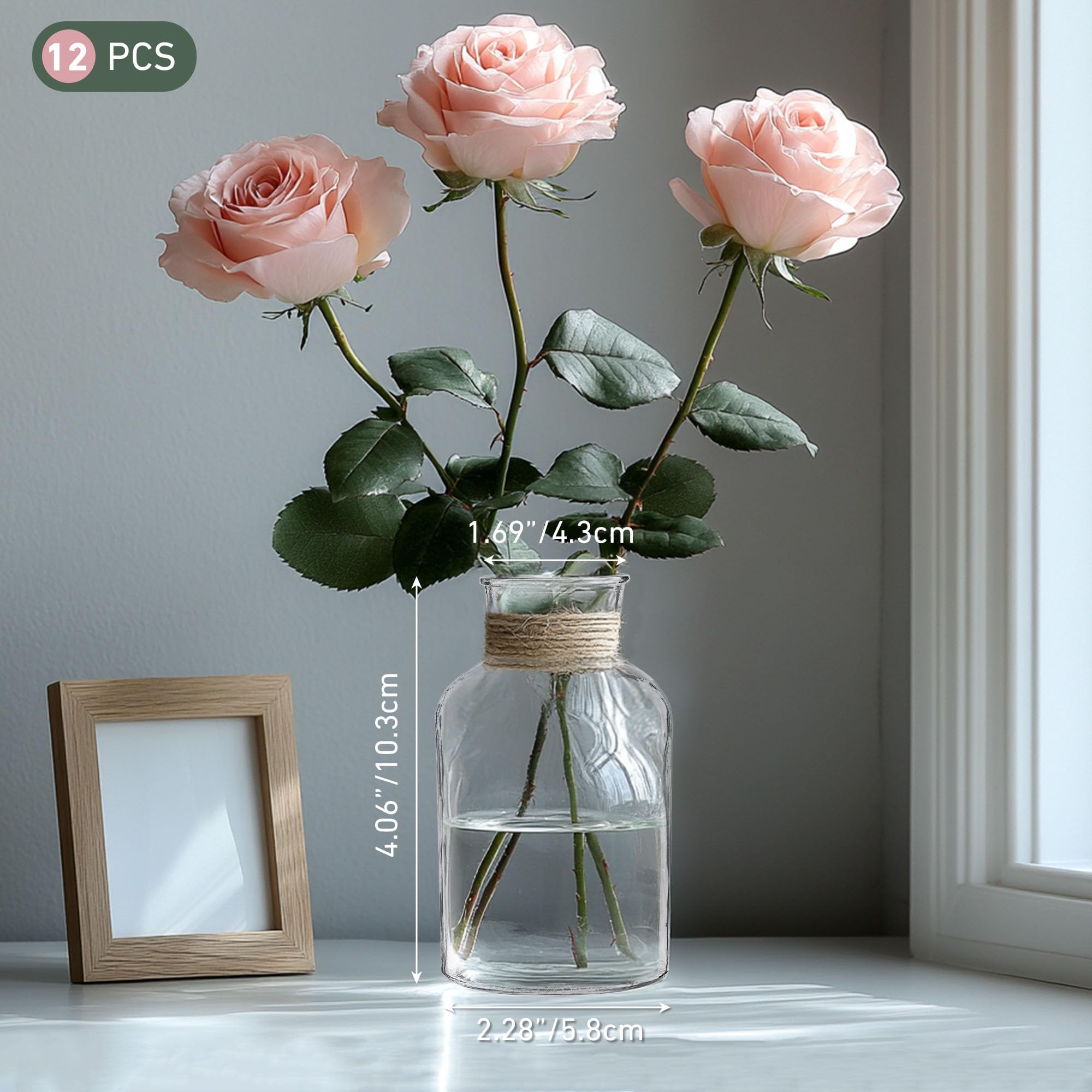 12 Stück kleine Vasen für Tischdeko 125ml Mini Glasvasen Set mit Juteschnur Vintage Design Exquisit Transparent Blumenvasen für Tischdeko Zuhause Hochzeiten Geburtstage Feste - 3