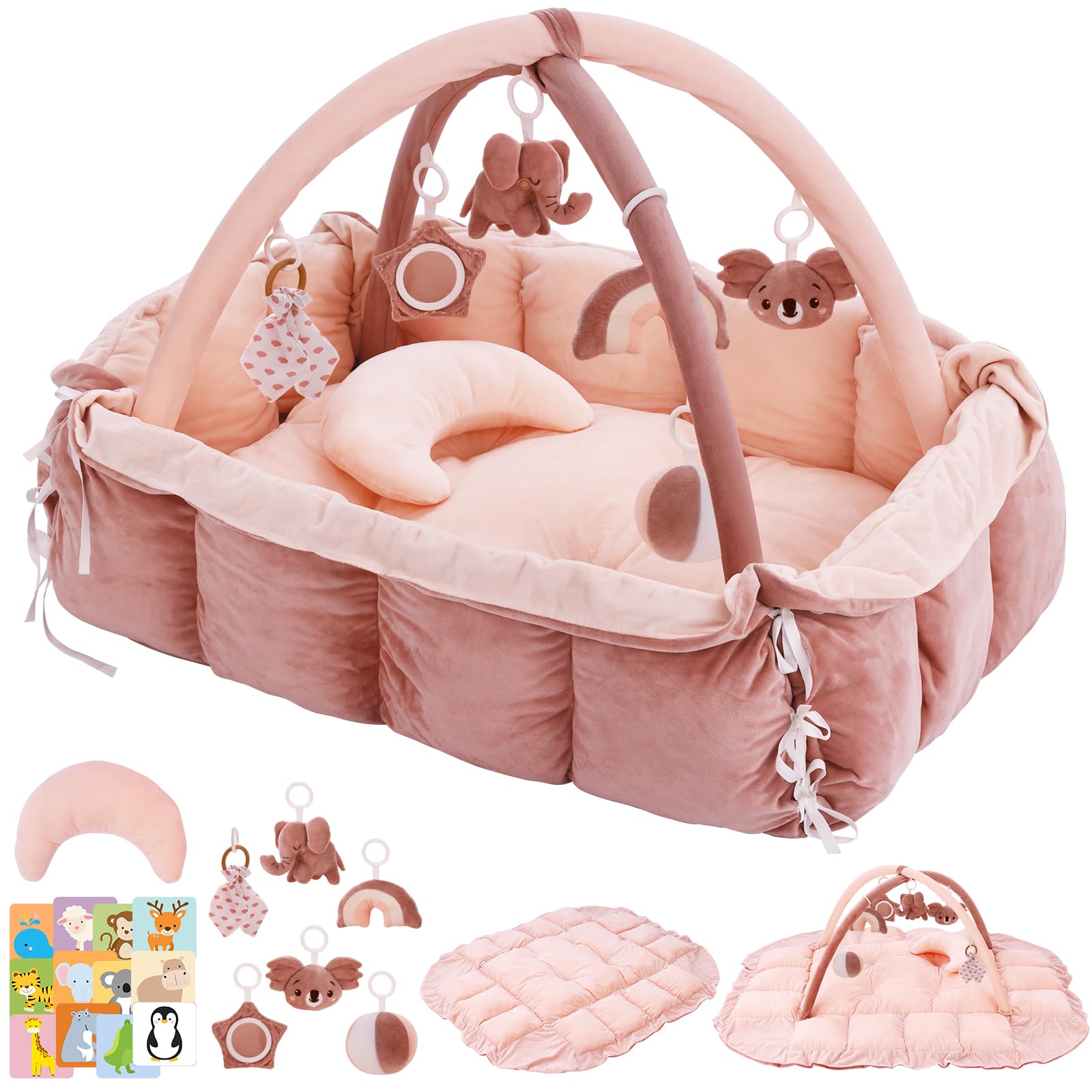 5-in-1 Baby Play Gym and Tummy Time Mat, Tummy Time Pillow & 12 Learning Cards, Plush Activity Mat with 6 Toys, Baby Gym, Convertible to Ball Pit, Baby Gift, Pink