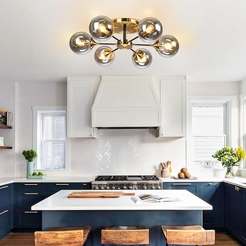 Miniatura 6 de KCO Lighting Lámpara de techo moderna con globo dorado de 6 luces, latón cepillado, cerca del techo, lámpara de baño de mediados de siglo, pantalla