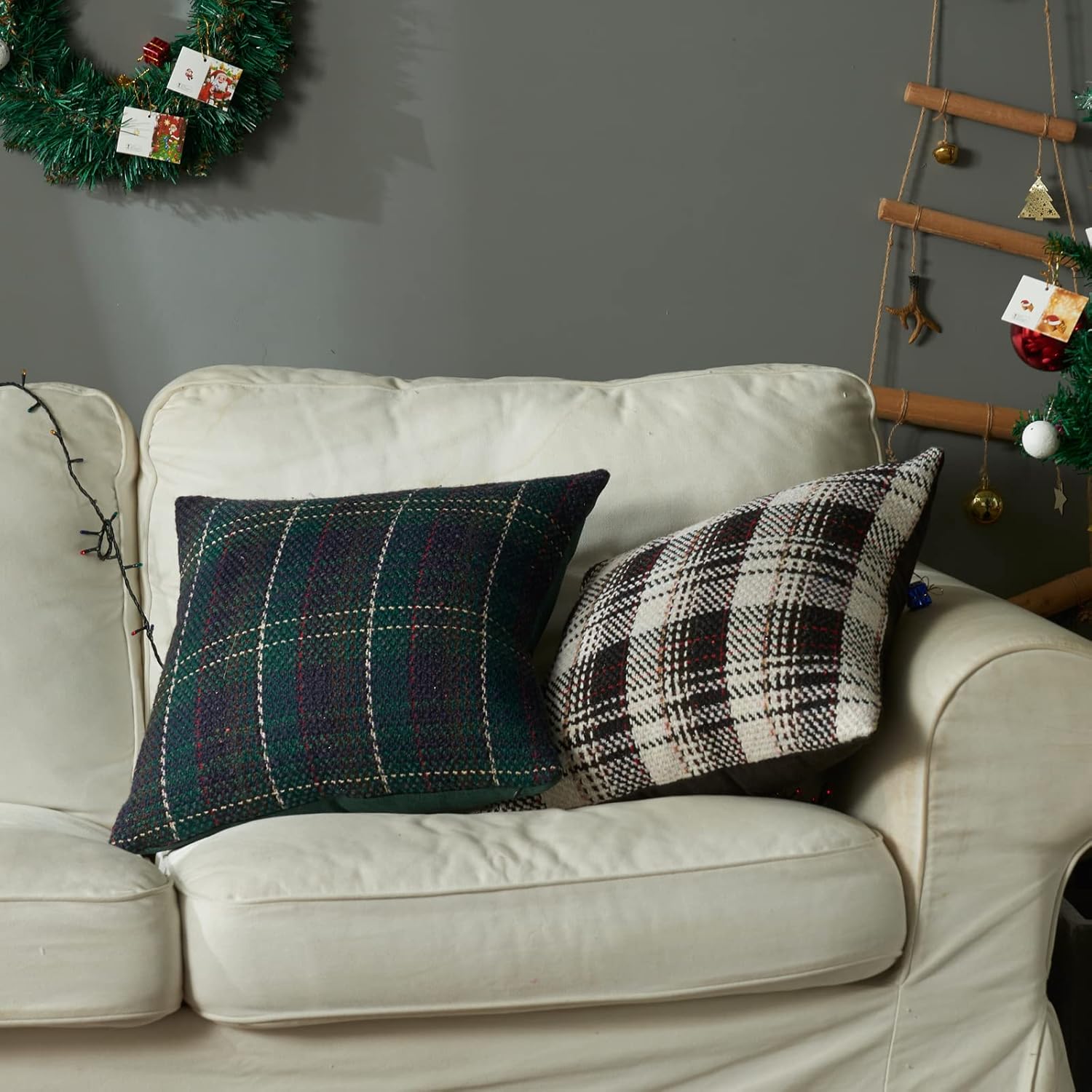 Green Plaid Pillow Covers 20x20 inch Set of 2 Knitting Tartan Pillow Cases Winter Xmas Farmhouse Cushion Covers for Sofa Bed