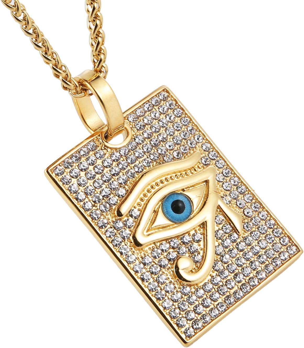 HZMAN 18k Gold Plated Eye of Horus Necklace Eye of Ra Egypt Protection Dog Tag Pendant Stainless Steel Necklace Jewelry Gift