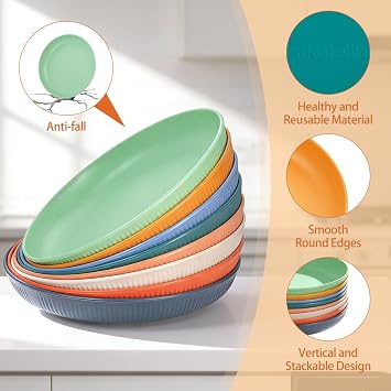 8 Unbreakable 9 Deep Plastic Dinner Plates - Reusable, Microwave & Dishwasher Safe, 8 Vibrant Colors, Perfect for Camping