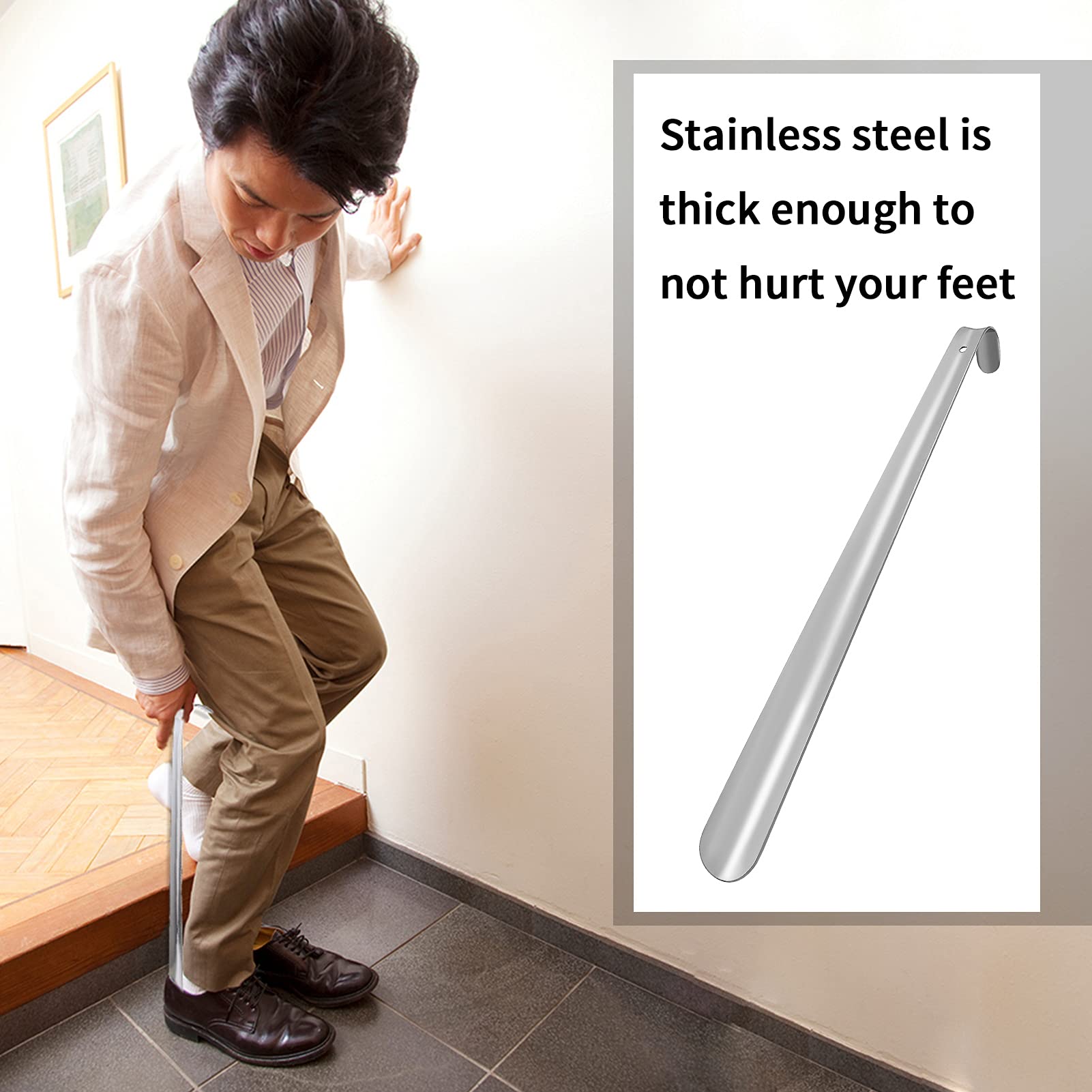 3 Stück Schuhlöffel Edelstahl, Metall Schuhlöffel Langer Schuhanzieher Edelstahl Shoehorn, Schuhanzieher sehr stabil mit ergonomischer Form, 42cm