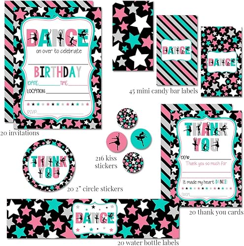 Miniatura 2 de El paquete de fiesta de cumpleaños temática de baile de lujo incluye 20 tarjetas de invitaciones y agradecimiento con sobres + 2 tamaños diferentes