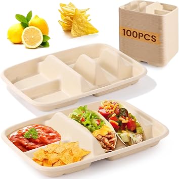 100 PCS Disposable Taco Holders, Bagasse Pulp 2-Slot Taco Plate with Side Compartments, Safe Plant Fiber Tray for Taco Tuesday, Party, Sandwich, Hot Dog, Sauce & Snack Serving, Thick100
