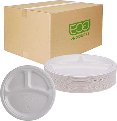 ECO PRODUCTS Vanguard - Platos de papel compostables de 3 compartimentos de 10 pulgadas, caja de 500, fibra moldeada blanca desechable, redondos,
