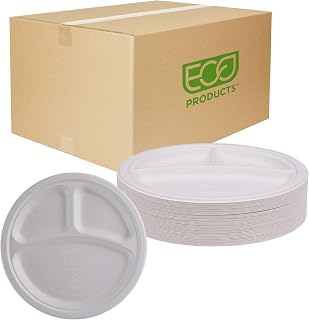 ECO PRODUCTS Compostable 3 Compartment Vanguard 10" Paper Plates, Case of 500, Disposable White Molded Fiber, Round, Stronger Than Paper & Styrofoam, No-Added PFAS, ASTM Compliant, BPI-Certified