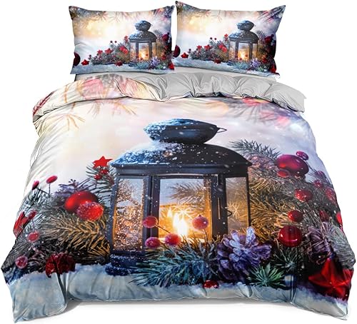 Miniatura 6 de Holiyjog Juego de funda de edredón de Navidad 3D bola roja árbol de Navidad patrón de estrellas fundas de edredón y fundas de almohada juegos de