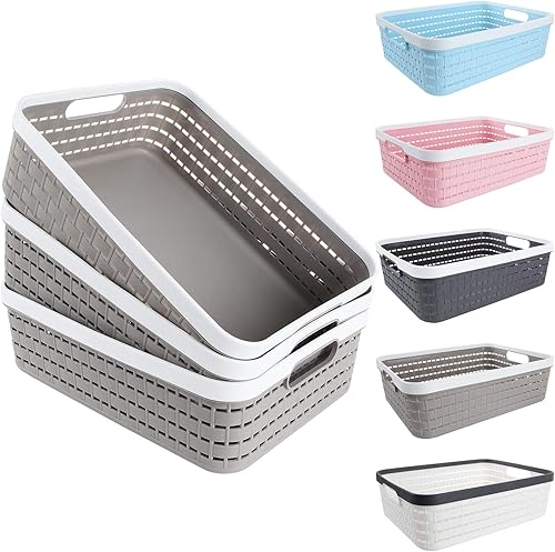 CertBuy Paquete de 3 cestas de almacenamiento de plástico de 14 x 10 x 4.5 pulgadas, contenedores de almacenamiento grandes tejidos con asa