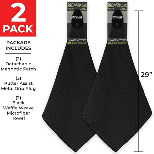 Miniatura 9 de STICKIT Toalla magnética, color negro, paquete de 2, toalla de golf de microfibra de primer nivel con bolsillos profundos de gofre, imán de fuerza