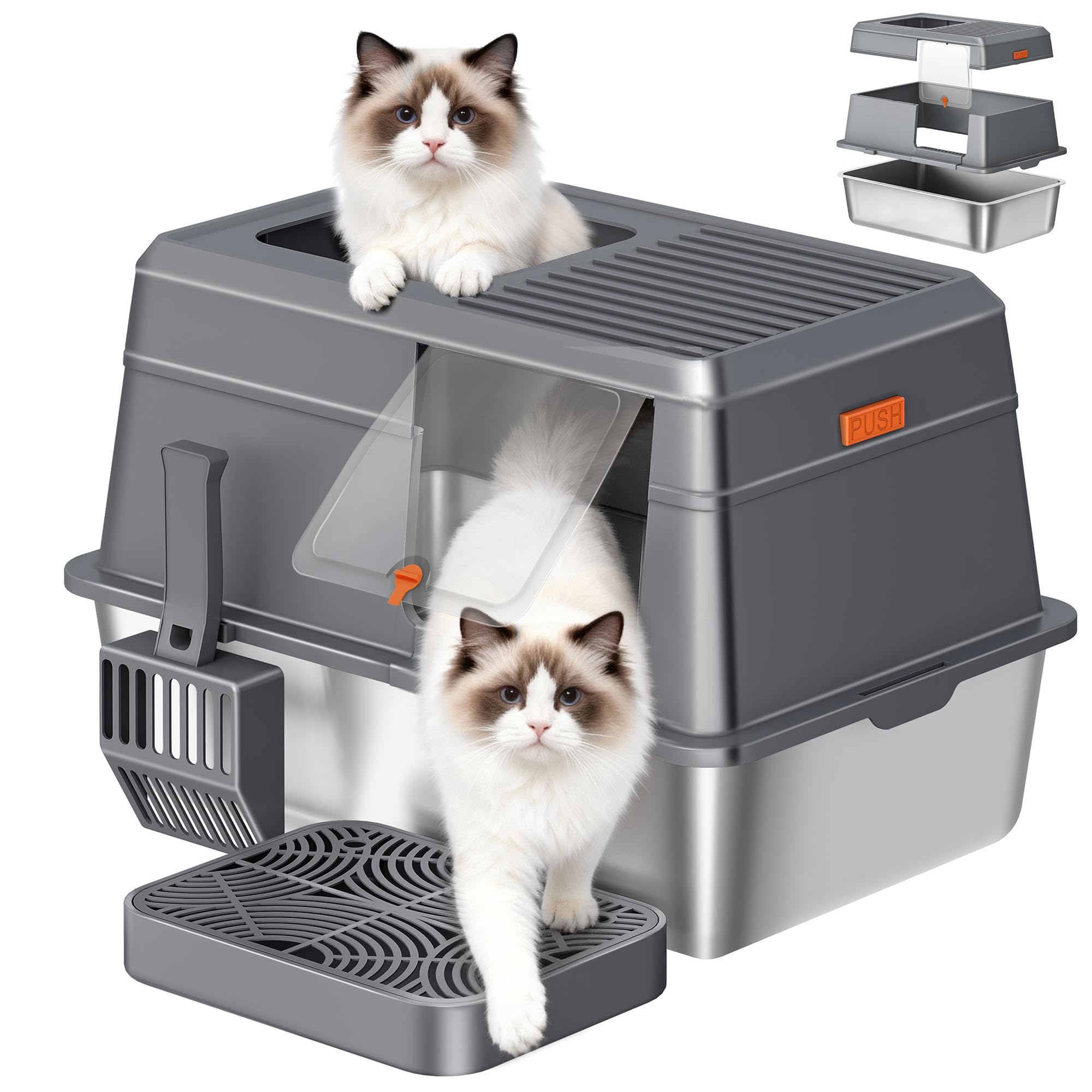 Bandeja De Arena para Gatos De Acero Inoxidable con Tapa, Arenero Metálico XXL, Bandeja De Arena Cerrada Extraíble con Doble Entrada, Pedal Y Pala, Control De Olores 60x40x38cm Dark Grey Large
