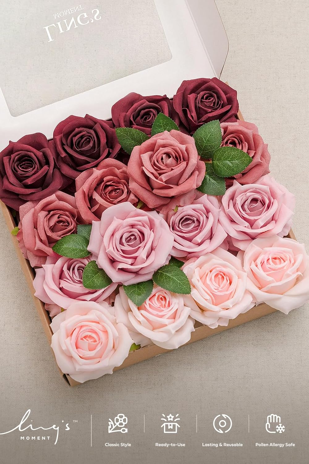 Ling's moment Artificial Burgundy Flowers, 16pcs Faux Silk Roses with Stems, 3.5" Fake Ombre Blush Pink Flowers Bulk for DIY Wedding Bouquets Centerpieces Party Baby Shower Home Decoration - Image 9