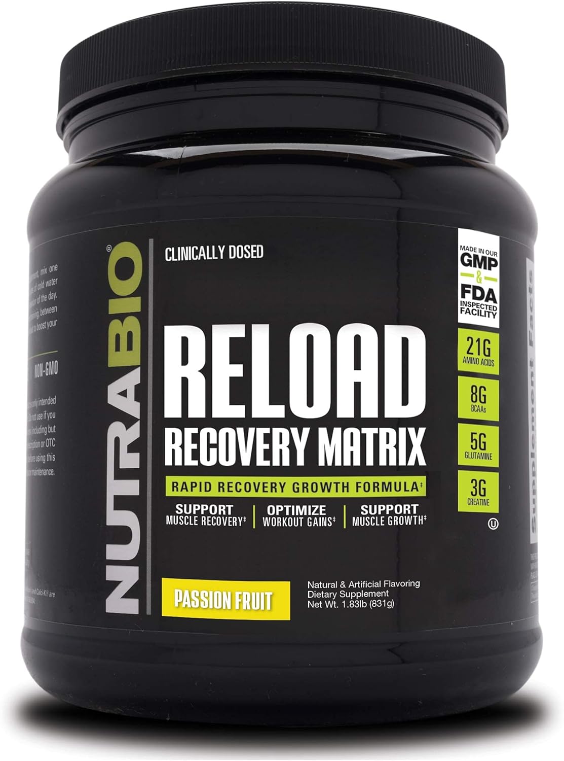 NutraBio Reload - Powerful Muscular Recovery Formula - Post-Workout Supplement - 3G Creatine - 8G BCAAs - 5G Glutamine - 30 Servings, Kiwi Strawberry : Health & Household